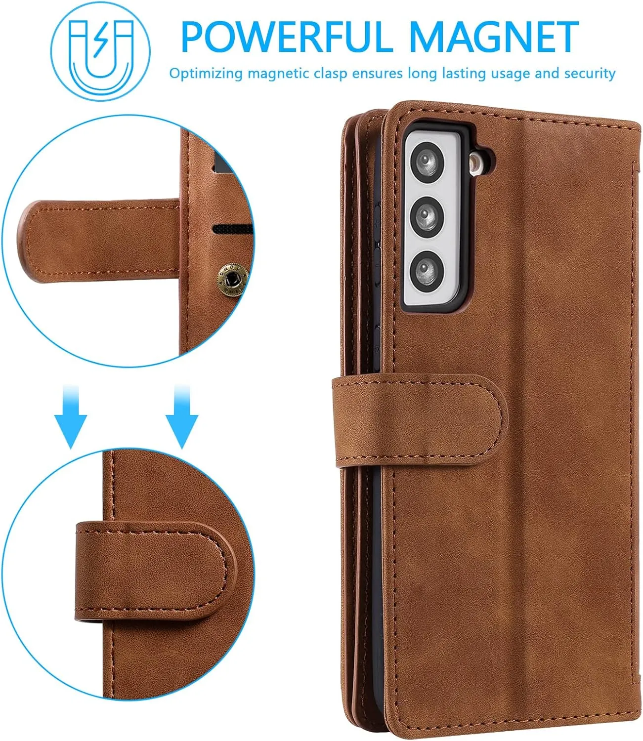 UEEBAI Wallet Case for Samsung Galaxy S21 5G, Retro 9 Card Holder Slots Zipper Pocket PU Leather Handbag Cover Magnetic Closure Kickstand with Wrist Strap TPU Shockproof Flip Case - Brown