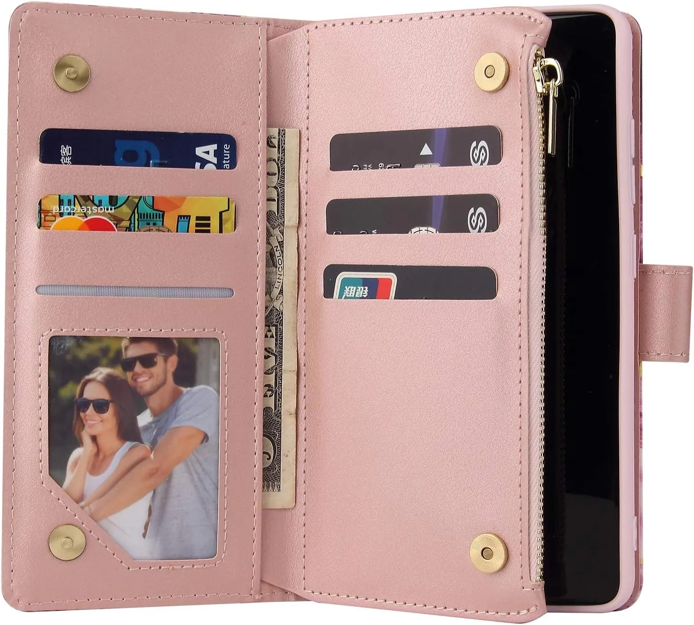 UEEBAI Wallet Case for Samsung Galaxy S22 Plus 5G, Premium PU Leather Magnetic Closure Handbag Zipper Pocket Case Kickstand Card Slots with Hand Strap Shockproof Flip Case - Pink&Purple
