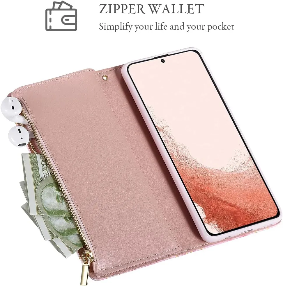 UEEBAI Wallet Case for Samsung Galaxy S22 Plus 5G, Premium PU Leather Magnetic Closure Handbag Zipper Pocket Case Kickstand Card Slots with Hand Strap Shockproof Flip Case - Pink&Purple