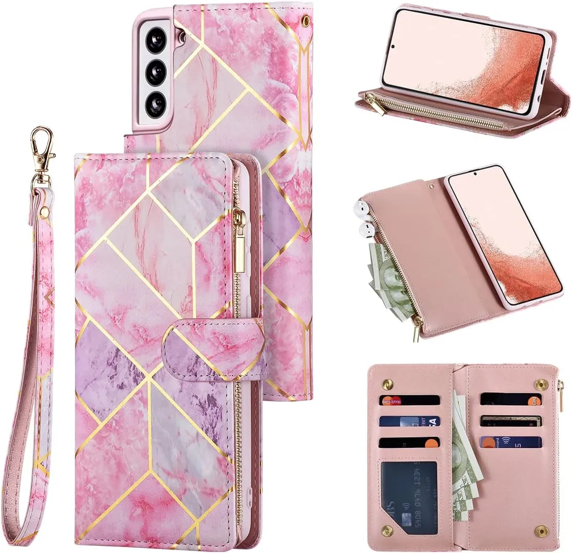 UEEBAI Wallet Case for Samsung Galaxy S22 Plus 5G, Premium PU Leather Magnetic Closure Handbag Zipper Pocket Case Kickstand Card Slots with Hand Strap Shockproof Flip Case - Pink&Purple