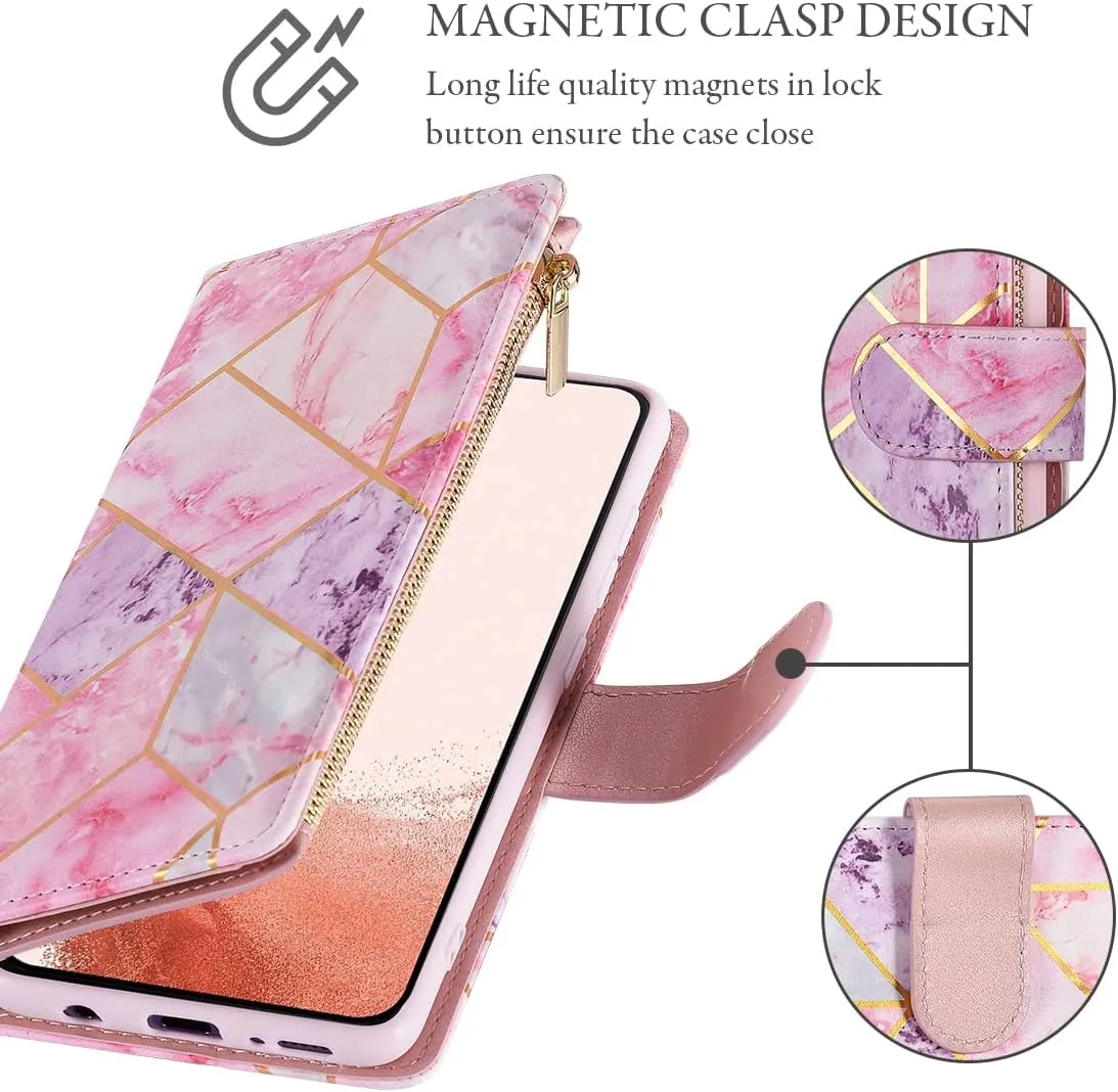 UEEBAI Wallet Case for Samsung Galaxy S22 Plus 5G, Premium PU Leather Magnetic Closure Handbag Zipper Pocket Case Kickstand Card Slots with Hand Strap Shockproof Flip Case - Pink&Purple