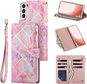 UEEBAI Wallet Case for Samsung Galaxy S22 Plus 5G, Premium PU Leather Magnetic Closure Handbag Zipper Pocket Case Kickstand Card Slots with Hand Strap Shockproof Flip Case - Pink&Purple