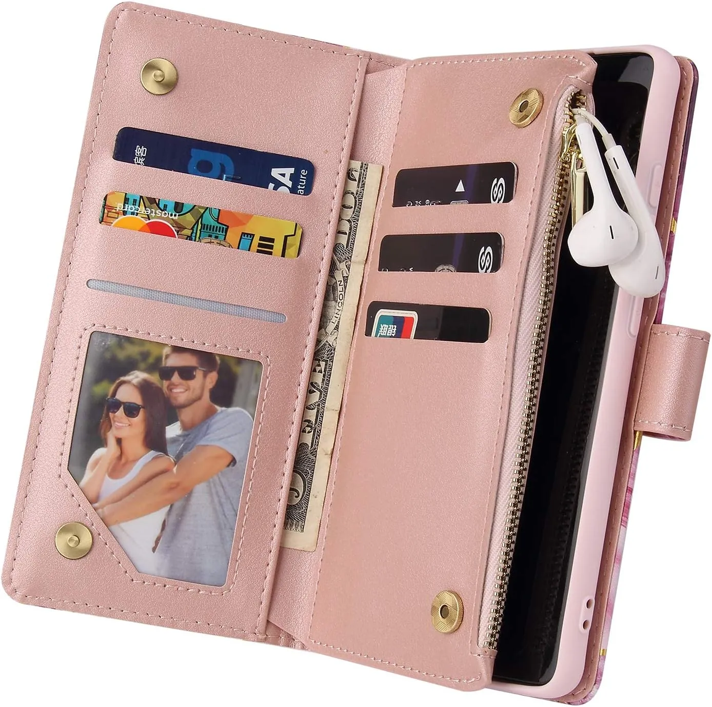 UEEBAI Wallet Case for Samsung Galaxy S22 Plus 5G, Premium PU Leather Magnetic Closure Handbag Zipper Pocket Case Kickstand Card Slots with Hand Strap Shockproof Flip Case - Pink&Purple