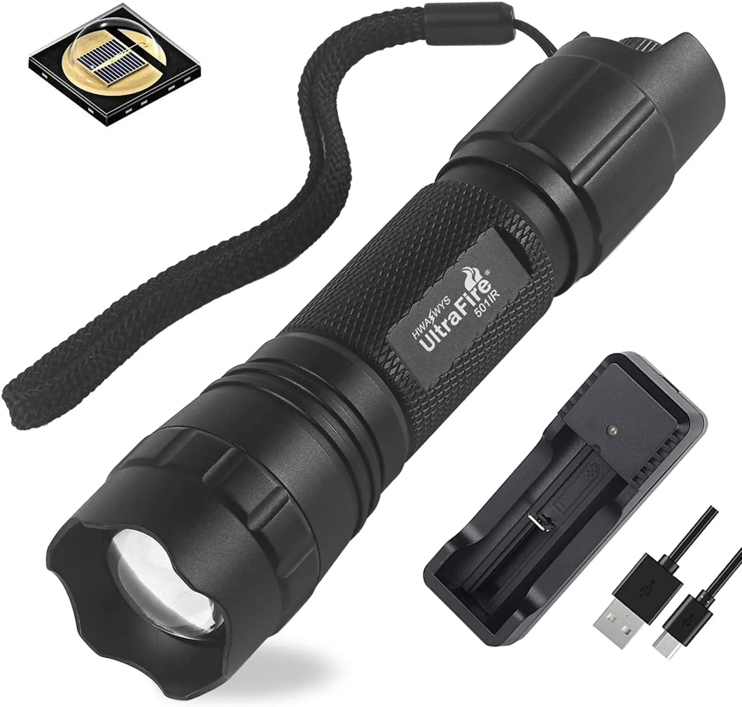 ULTRAFIRE 940nm IR Flashlight,Adjustable Focus Infrared Night Vision Light,Stepless Dimming LED Hunting IR Illuminator for Night Vision Devices,Infrared Illuminator Torch with Charger and UFB26