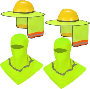 Ultrafun 4 Pcs Hard Hat Sun Shade Full Brim Mesh Balaclava Neck Sun Protection with Reflective Strip(Not Include Hard Hat) (US, Alpha, One Size, 2 Pack-Neon Green)