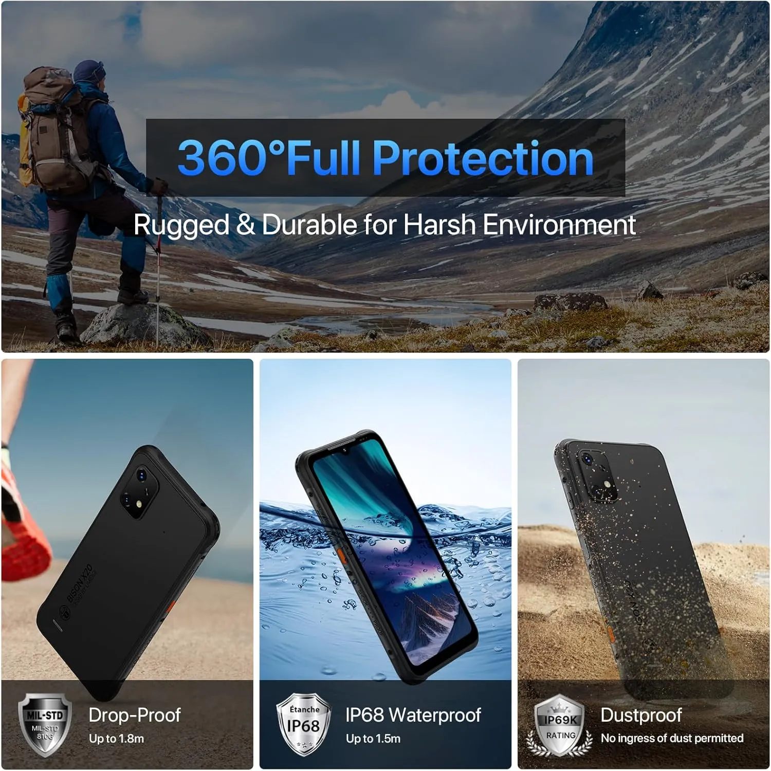 UMIDIGI Unlocked Cell Phone, Bison X20 Android 13 Rugged Smartphones, IP68/IP69K Waterproof Phone, 6000mAh 12 (6 6) 128GB/TF 1TB Expand, 6.53" Screen NFC AGPS, 4G Dual SIM Outdoor Mobile Phone