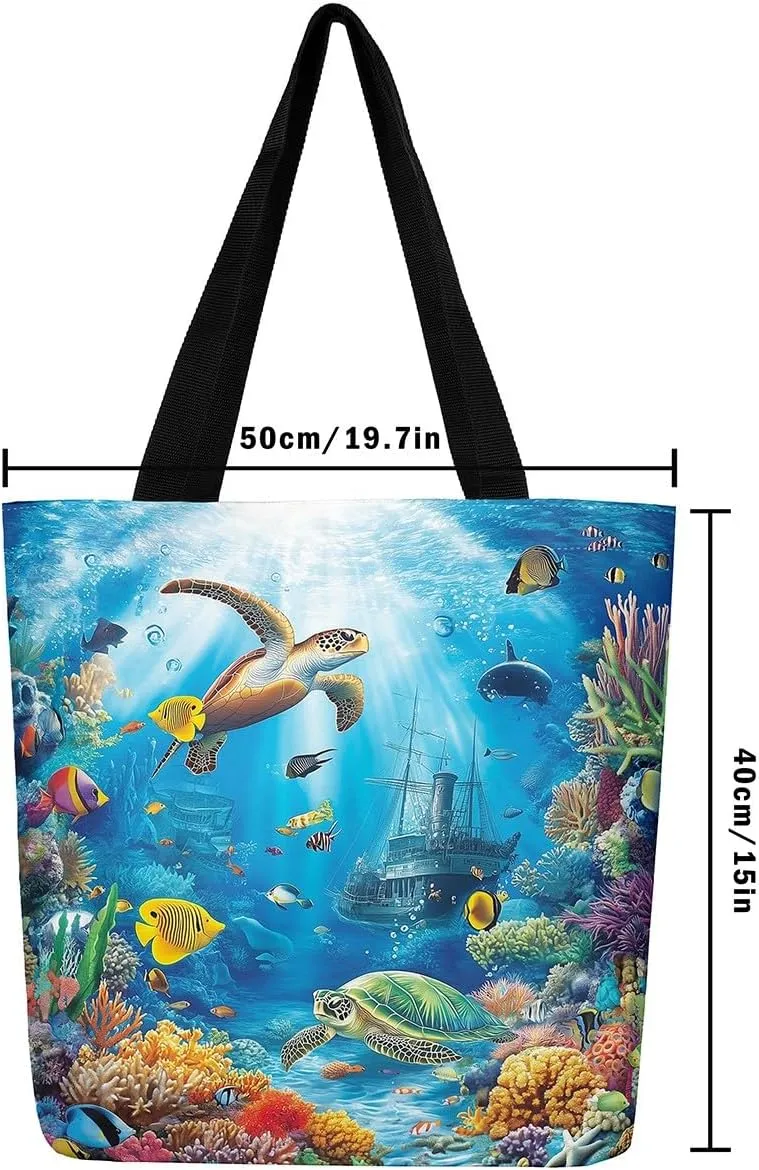 Underwater Sealife Canvas Tote Bag,Ocean Animal Theme Shoulder Handbags for Shopping Gym 19.7x15.7 Inch