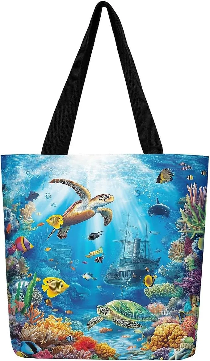 Underwater Sealife Canvas Tote Bag,Ocean Animal Theme Shoulder Handbags for Shopping Gym 19.7x15.7 Inch