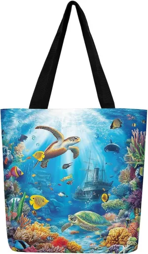 Underwater Sealife Canvas Tote Bag,Ocean Animal Theme Shoulder Handbags for Shopping Gym 19.7x15.7 Inch