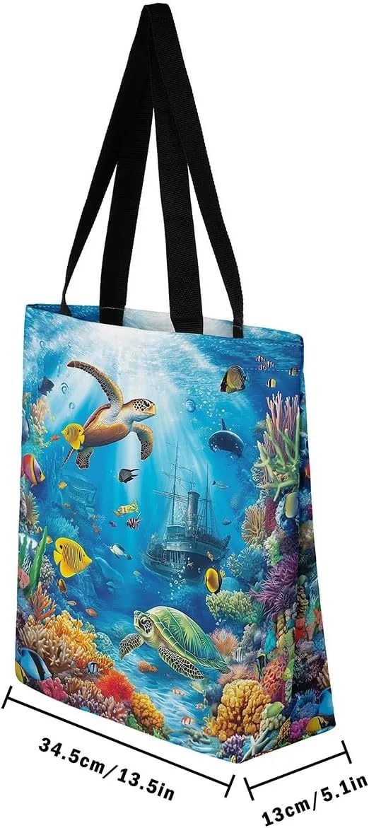 Underwater Sealife Canvas Tote Bag,Ocean Animal Theme Shoulder Handbags for Shopping Gym 19.7x15.7 Inch