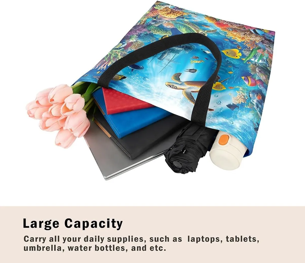 Underwater Sealife Canvas Tote Bag,Ocean Animal Theme Shoulder Handbags for Shopping Gym 19.7x15.7 Inch