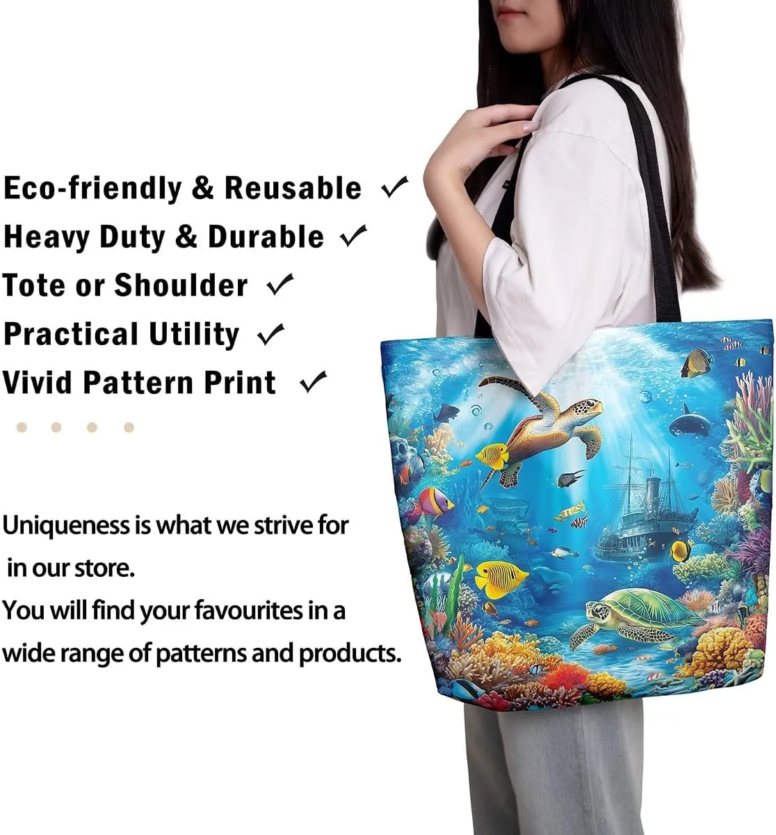 Underwater Sealife Canvas Tote Bag,Ocean Animal Theme Shoulder Handbags for Shopping Gym 19.7x15.7 Inch