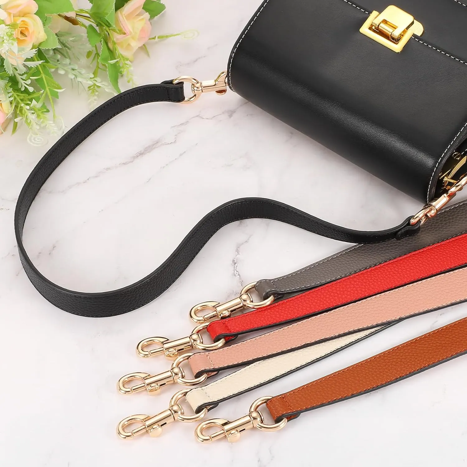 uxcell 15.35 Inch PU Leather Short Bag Strap with Clasp, Purse Handles Handbags Replacement Straps for Clutch Bag Crossbody Underarm Bags, Black, Grey Buckle