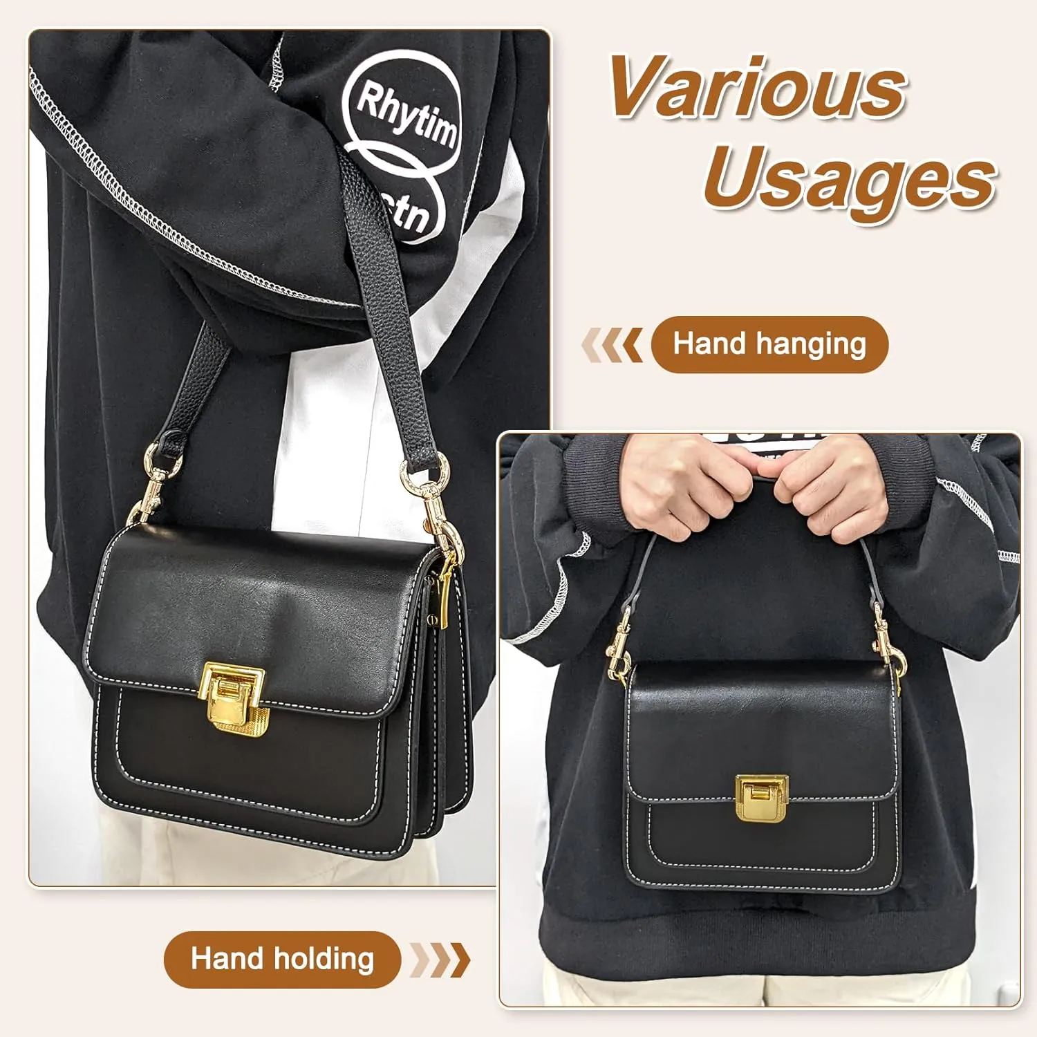 uxcell 15.35 Inch PU Leather Short Bag Strap with Clasp, Purse Handles Handbags Replacement Straps for Clutch Bag Crossbody Underarm Bags, Black, Grey Buckle