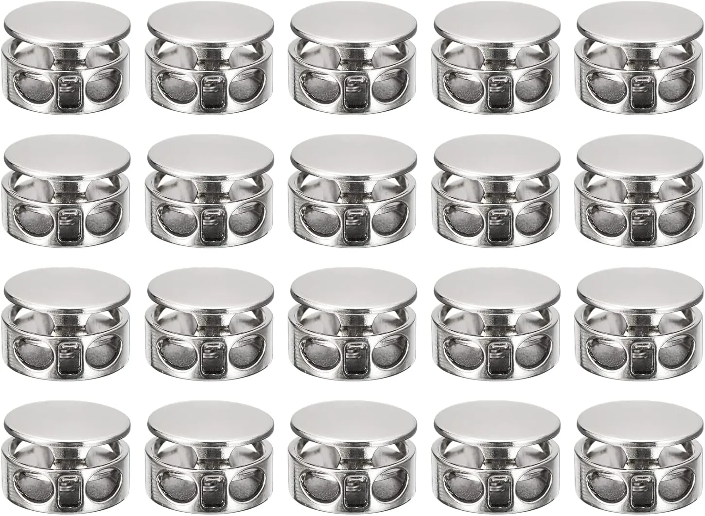 uxcell 30pcs Metal Cord Locks, 3.5mm Double Hole Spring Stopper Fastener Slider Toggles End for Drawstrings Bags Backpacks Clothing Lanyard, White Nickel