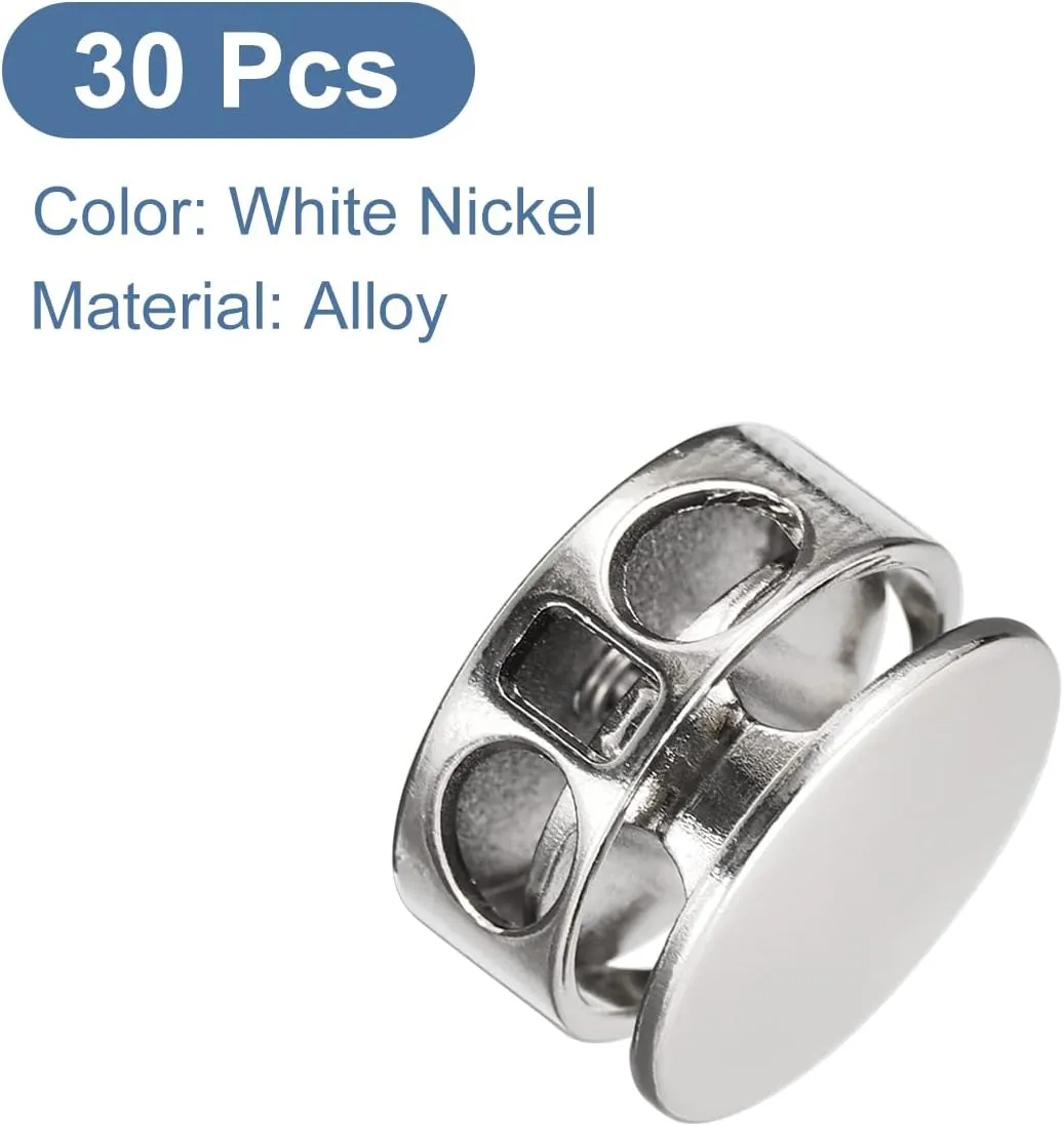 uxcell 30pcs Metal Cord Locks, 3.5mm Double Hole Spring Stopper Fastener Slider Toggles End for Drawstrings Bags Backpacks Clothing Lanyard, White Nickel