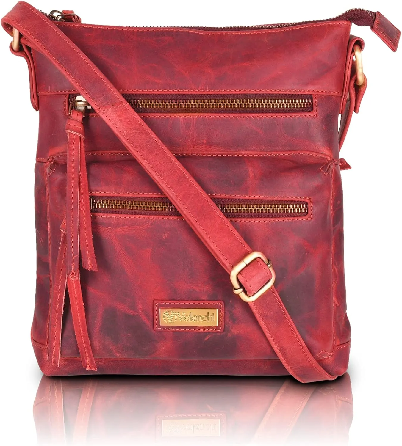 VALENCHI Genuine Leather Crossbody Bag with front Metal Zipper Pockets and long handle - Handmade