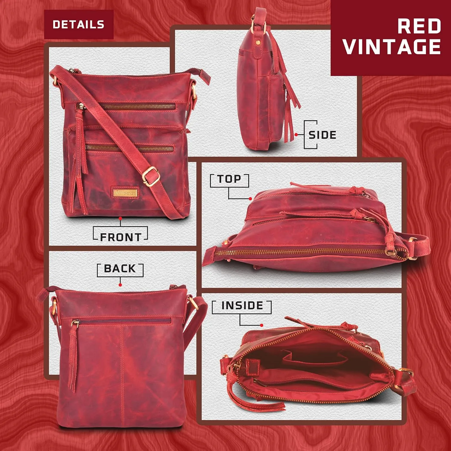 VALENCHI Genuine Leather Crossbody Bag with front Metal Zipper Pockets and long handle - Handmade