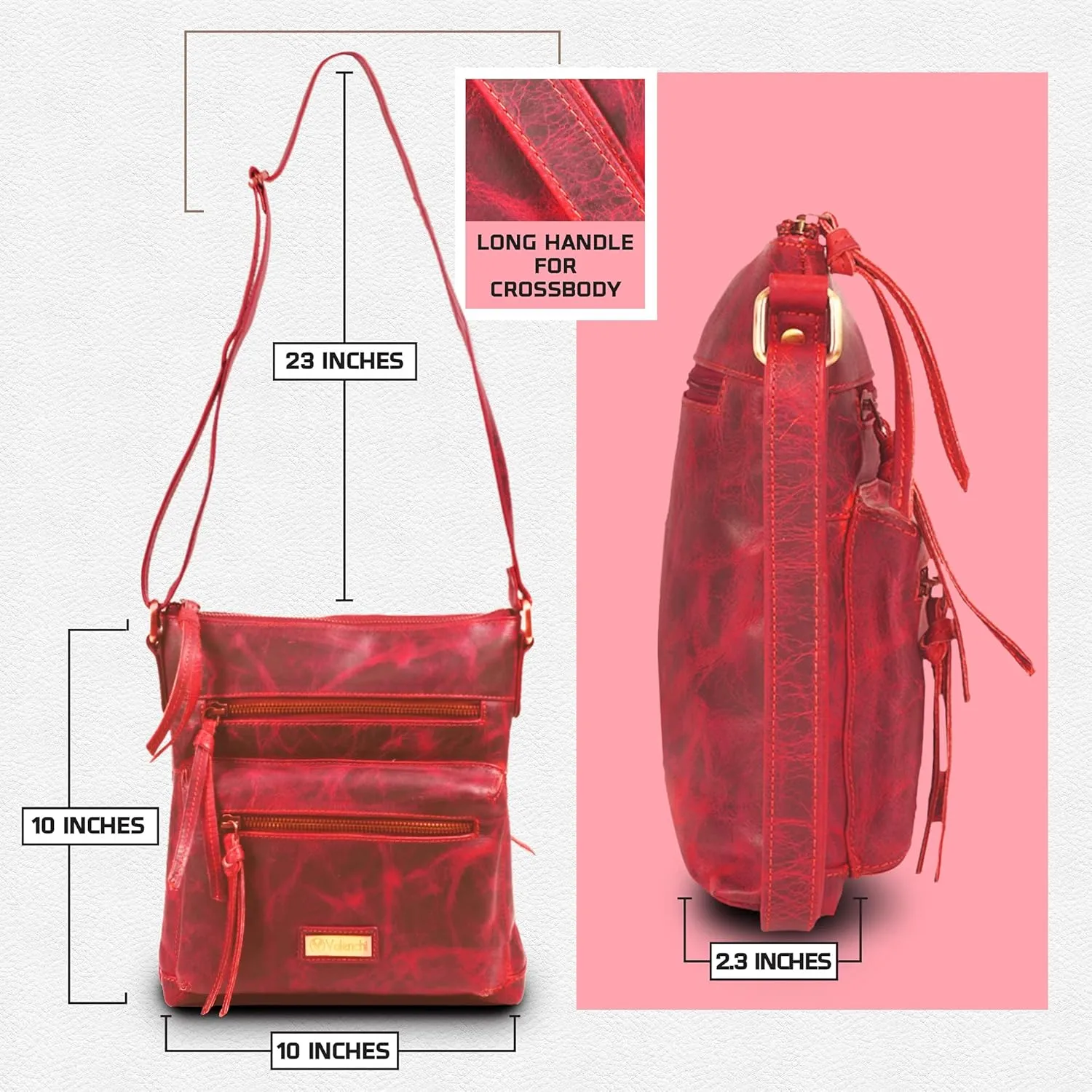 VALENCHI Genuine Leather Crossbody Bag with front Metal Zipper Pockets and long handle - Handmade