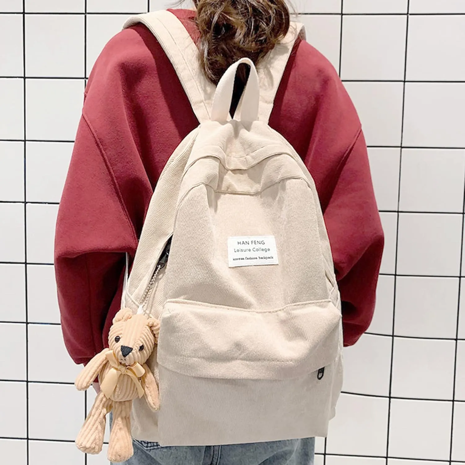 Van Caro Corduroy School Backpack Large College Backpack Casual Bookbag Laptop Backpack Computer Bag Travel Daypack for Girls Boys Teens,Khaki(no Pendant)
