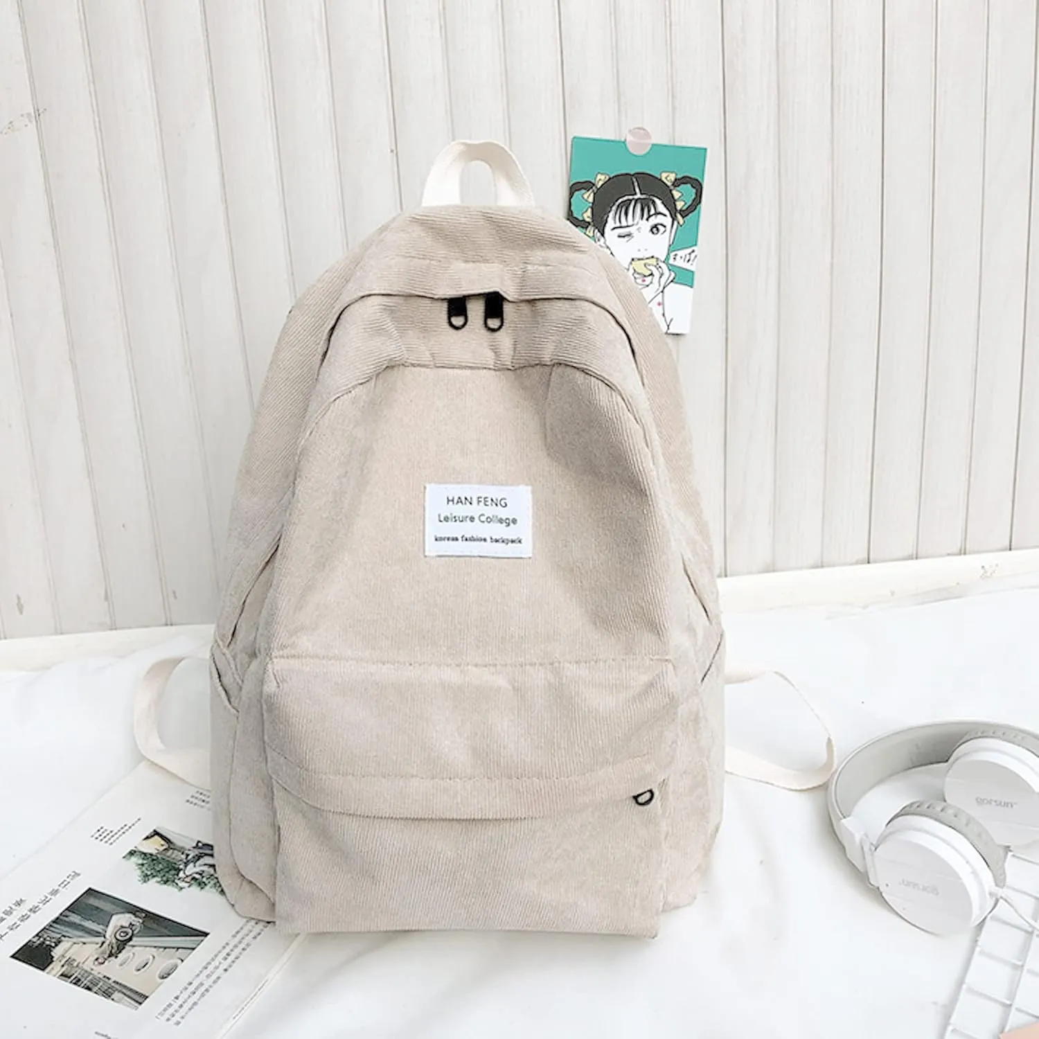 Van Caro Corduroy School Backpack Large College Backpack Casual Bookbag Laptop Backpack Computer Bag Travel Daypack for Girls Boys Teens,Khaki(no Pendant)