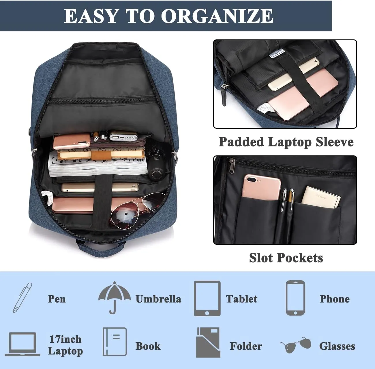 VASCHY Business Laptop Backpack for 17 inch Computer With Built-in Charging Cable USB Port Lightweight Rucksack
