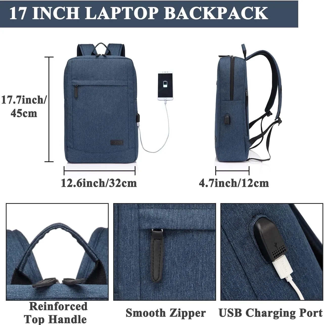 VASCHY Business Laptop Backpack for 17 inch Computer With Built-in Charging Cable USB Port Lightweight Rucksack