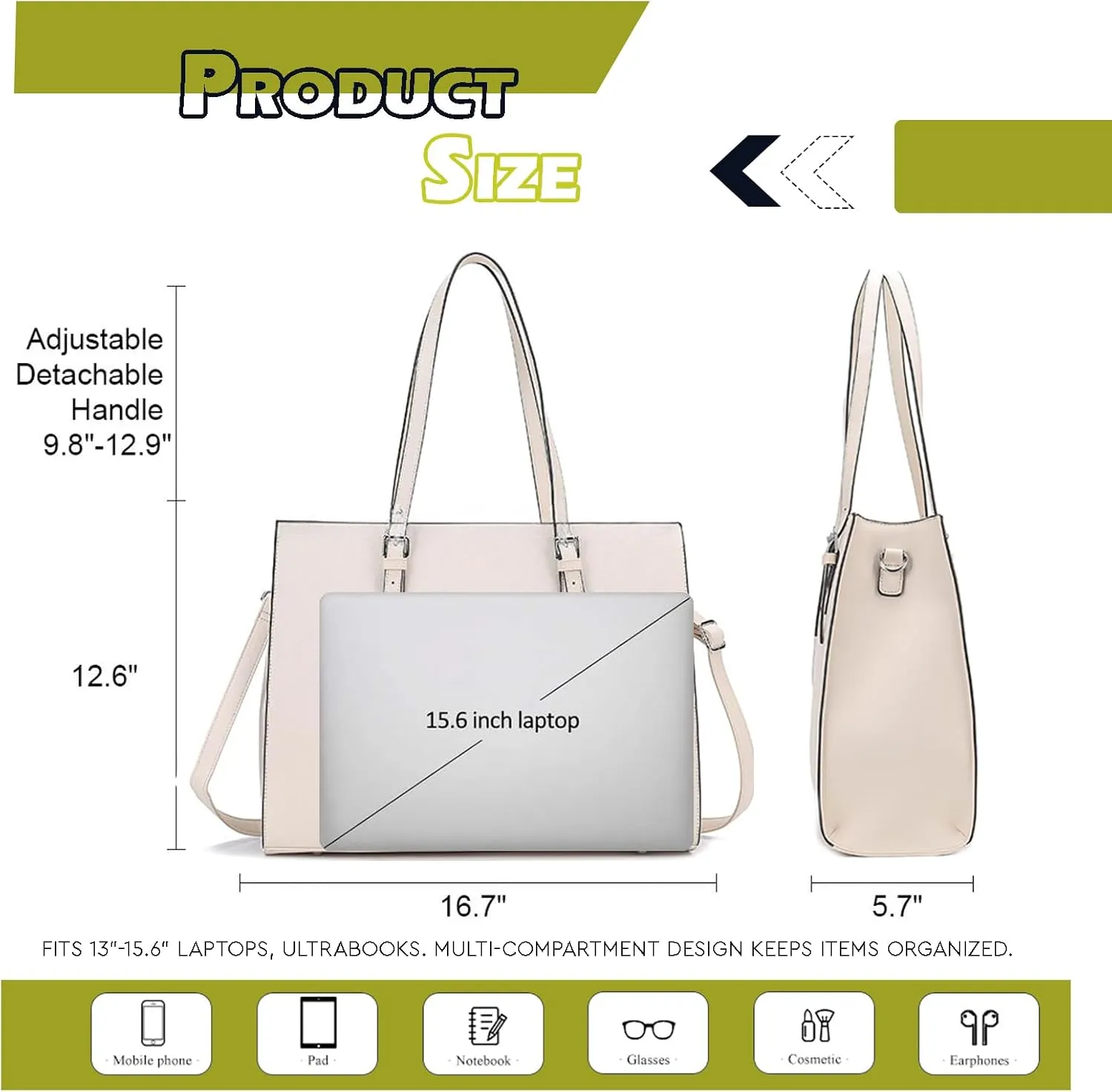 Vegan Leather 15.6" Laptop Tote - Work & Travel Water-Repellent Purse with Expandable Organizer, Lightweight Durable
