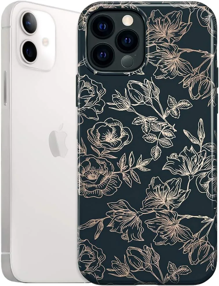 VELVET CAVIAR Compatible with iPhone 12/12 Pro Case for Women Cute - 10ft Drop Tested - Protective Phone Cover (Floral Rose Gold, Black)