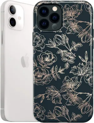 VELVET CAVIAR Compatible with iPhone 12/12 Pro Case for Women Cute - 10ft Drop Tested - Protective Phone Cover (Floral Rose Gold, Black)