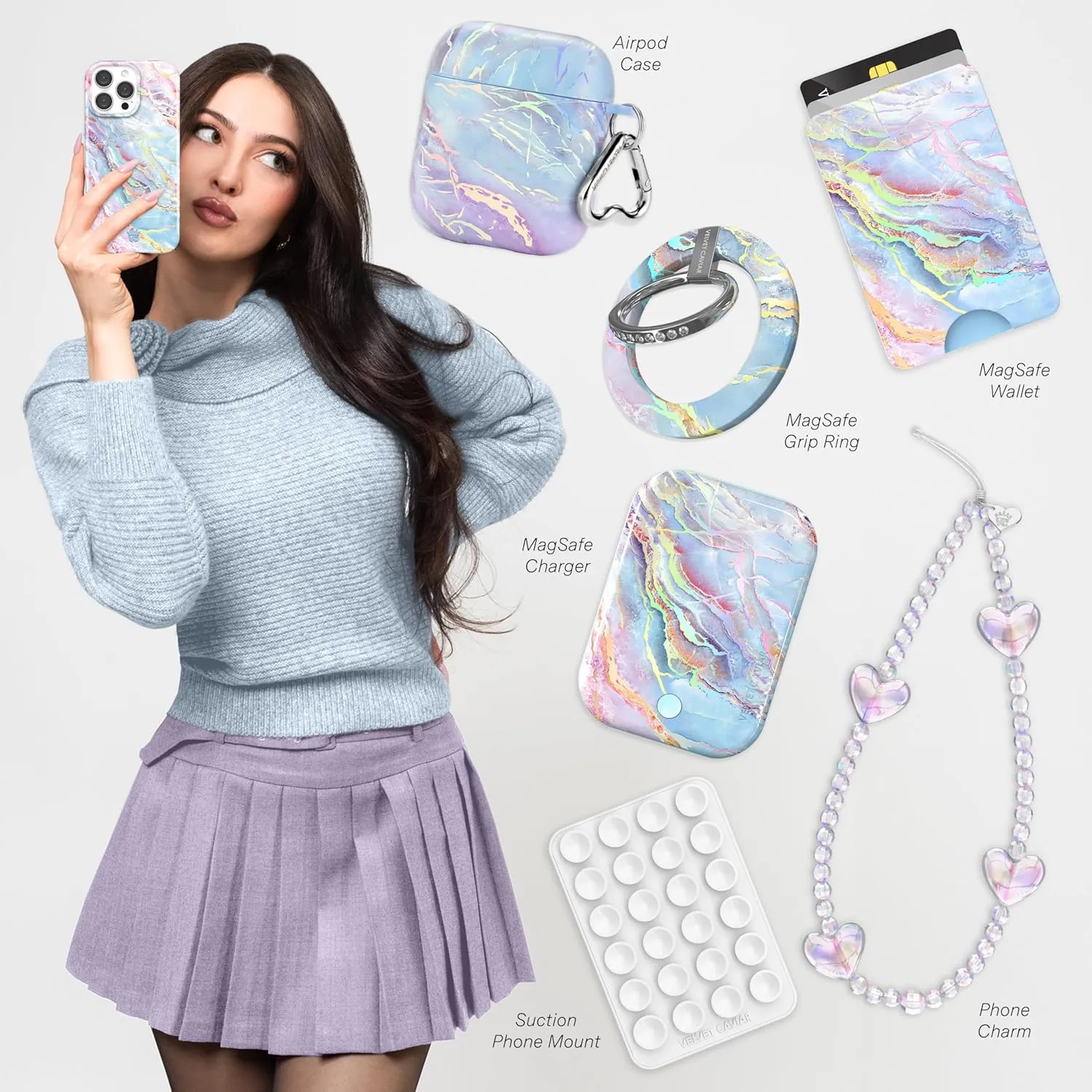 VELVET CAVIAR for iPhone 14 Case Marble - Girly Cute Protective Cover for Women - Compatible with MagSafe - 10ft Drop Tested - Holographic, Blue, Pink