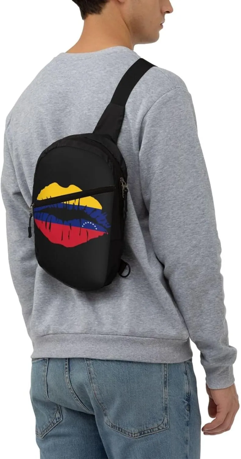 Venezuelan Venezuela Flag Lips Crossbody Bag Portable Sling Bags Foldable Chest Daypack Reusable Sports Shoulder Backpack Diagonally Casual Rucksack Travel Bag