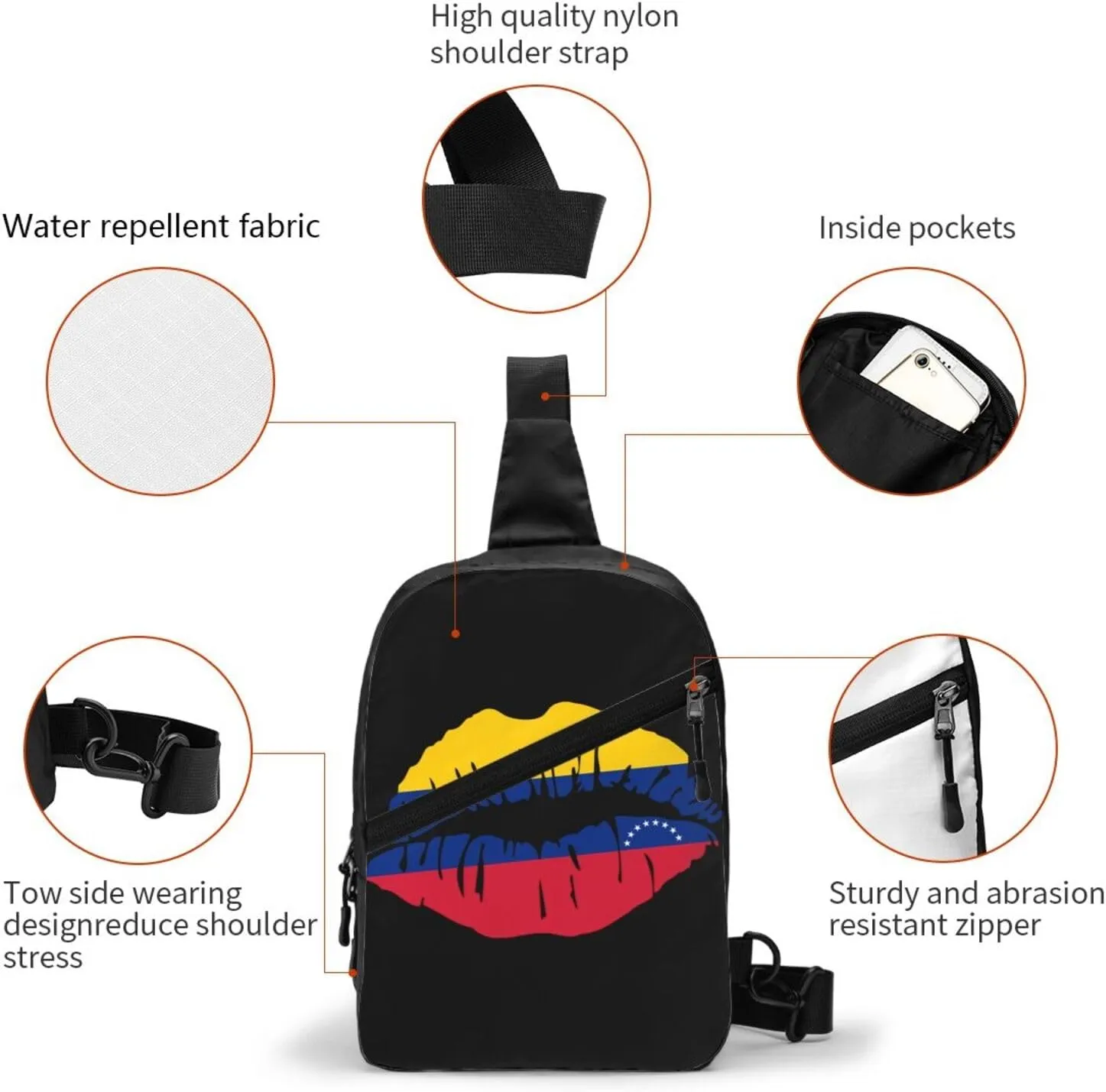 Venezuelan Venezuela Flag Lips Crossbody Bag Portable Sling Bags Foldable Chest Daypack Reusable Sports Shoulder Backpack Diagonally Casual Rucksack Travel Bag
