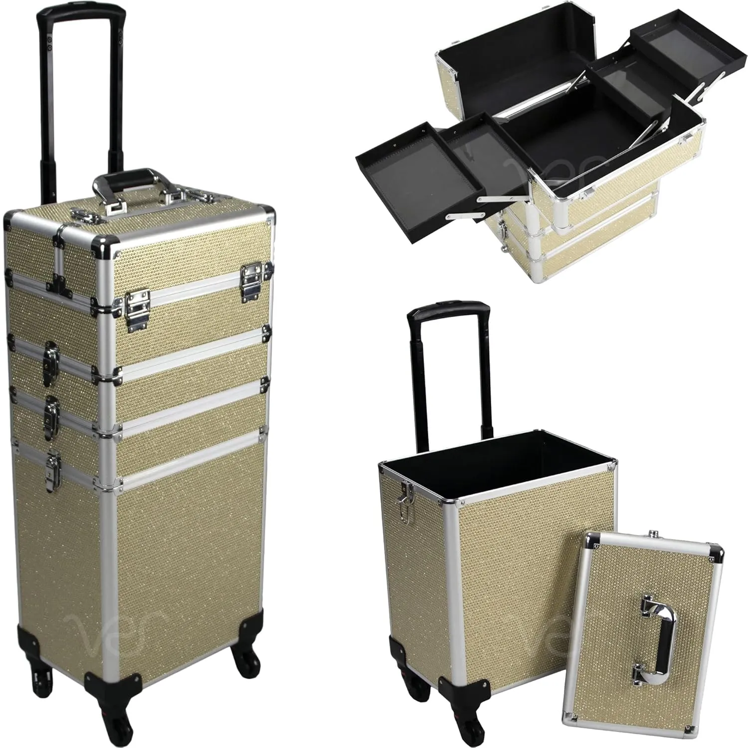 Ver Beauty 4-in-1 Professional Makeup Travel Case Champagne Glitter Aluminum Frame Cosmetic Lockable Large Storage Portable Case 360° Rolling Wheel