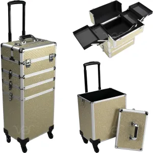 Ver Beauty 4-in-1 Professional Makeup Travel Case Champagne Glitter Aluminum Frame Cosmetic Lockable Large Storage Portable Case 360° Rolling Wheel
