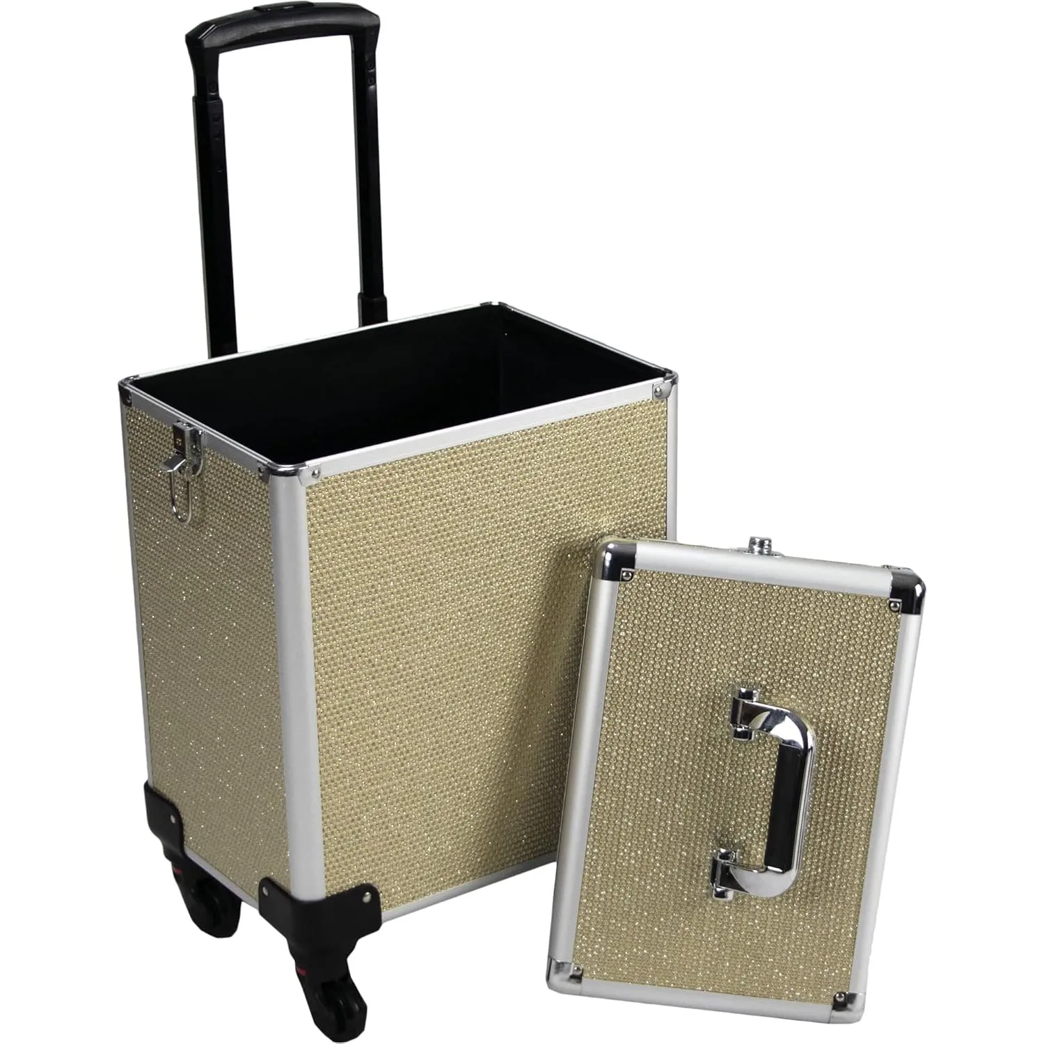Ver Beauty 4-in-1 Professional Makeup Travel Case Champagne Glitter Aluminum Frame Cosmetic Lockable Large Storage Portable Case 360° Rolling Wheel