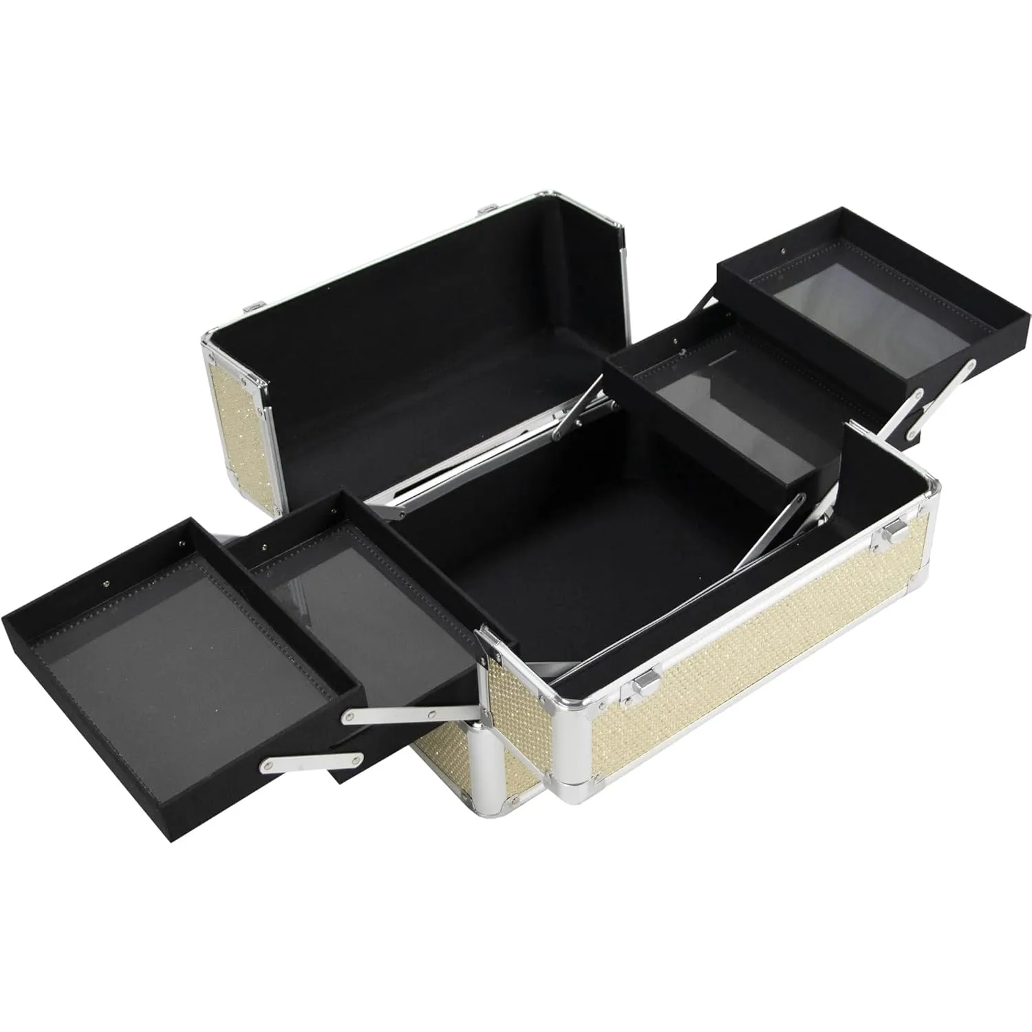 Ver Beauty 4-in-1 Professional Makeup Travel Case Champagne Glitter Aluminum Frame Cosmetic Lockable Large Storage Portable Case 360° Rolling Wheel