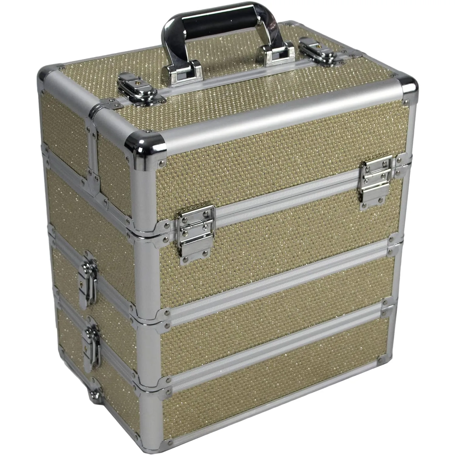 Ver Beauty 4-in-1 Professional Makeup Travel Case Champagne Glitter Aluminum Frame Cosmetic Lockable Large Storage Portable Case 360° Rolling Wheel