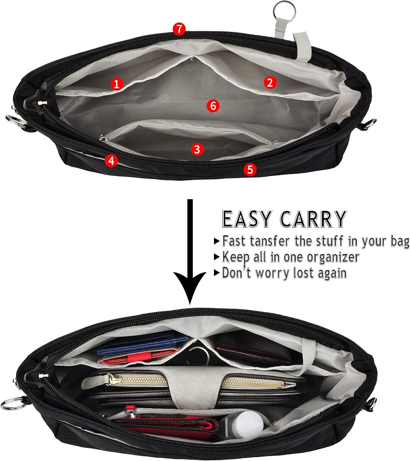 Vercord Expandable Nylon Handbag Purse Organizer Insert Liner Shaper Bag In Bag Black Large