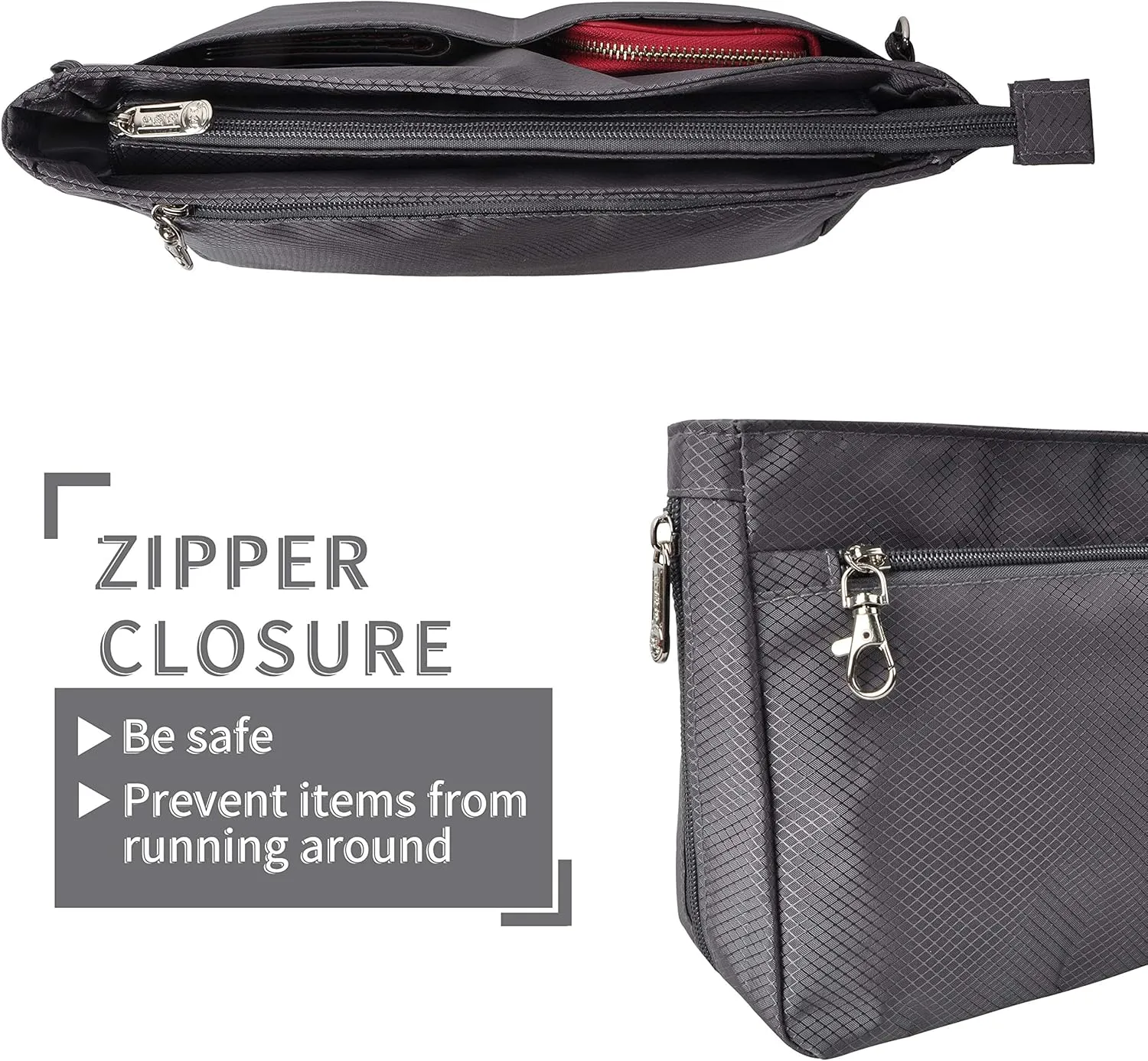 Vercord Expandable Nylon Handbag Purse Organizer Insert Liner Shaper Bag in Bag Dark Grey Large