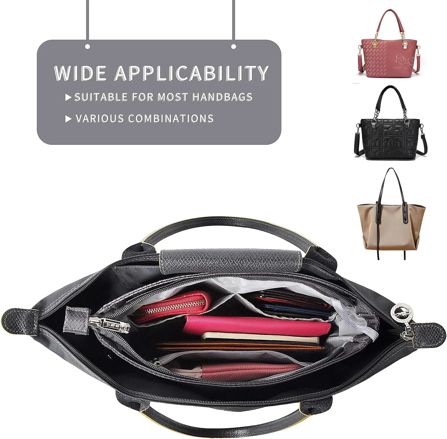 Vercord Expandable Nylon Handbag Purse Organizer Insert Liner Shaper Bag in Bag Dark Grey Medium