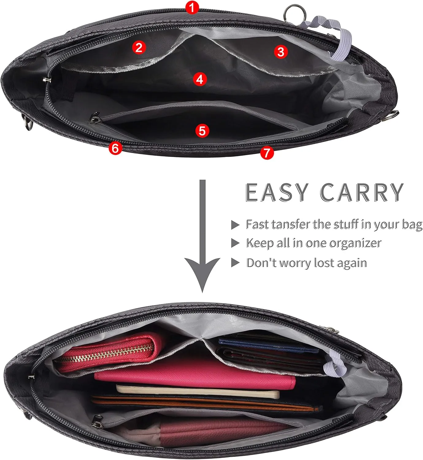 Vercord Expandable Nylon Handbag Purse Organizer Insert Liner Shaper Bag in Bag Dark Grey Medium