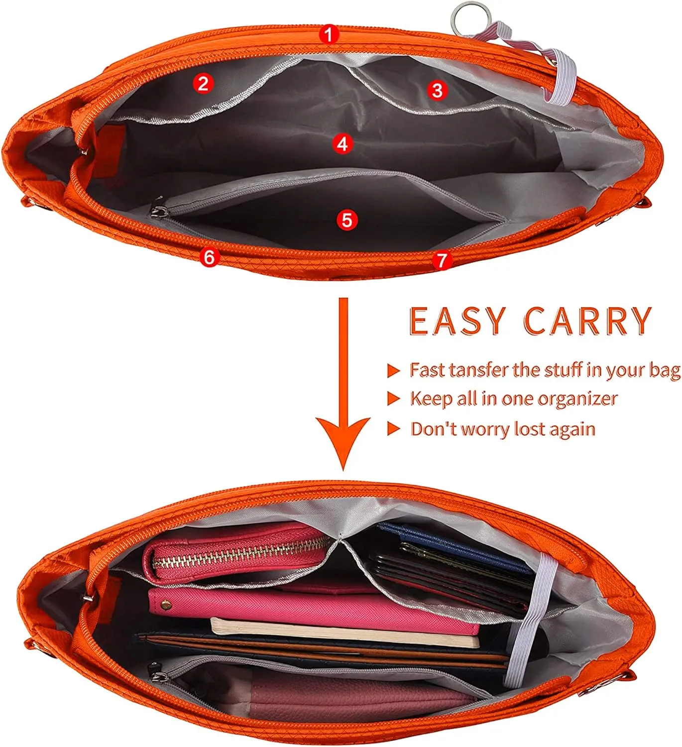 Vercord Expandable Nylon Handbag Purse Organizer Insert Liner Shaper Bag in Bag Orange XLarge