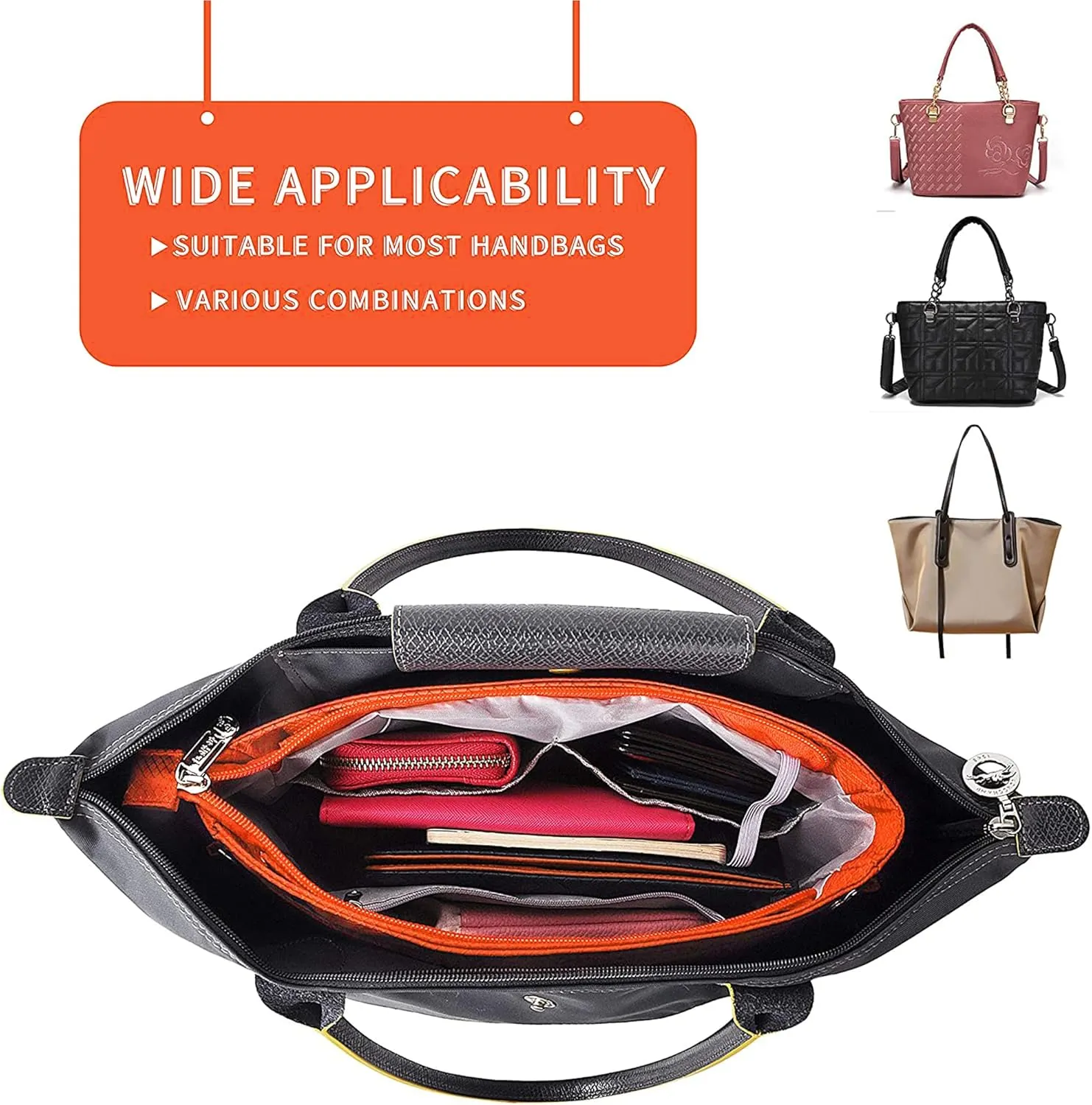 Vercord Expandable Nylon Handbag Purse Organizer Insert Liner Shaper Bag in Bag Orange XLarge