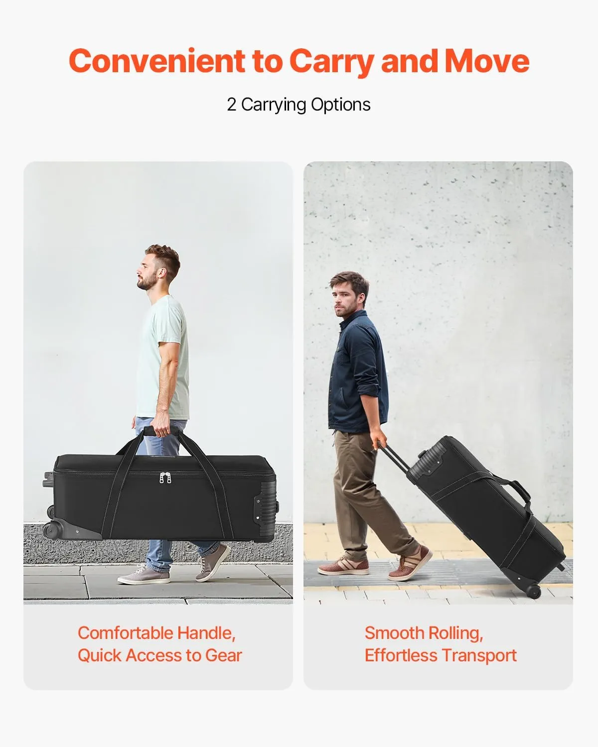 VEVOR Studio Equipment Trolley Case, Rolling Camera Bag, Carrying Bag with Wheels Straps Padded Compartment Handle, for Light Stands, Tripods, Telescopes