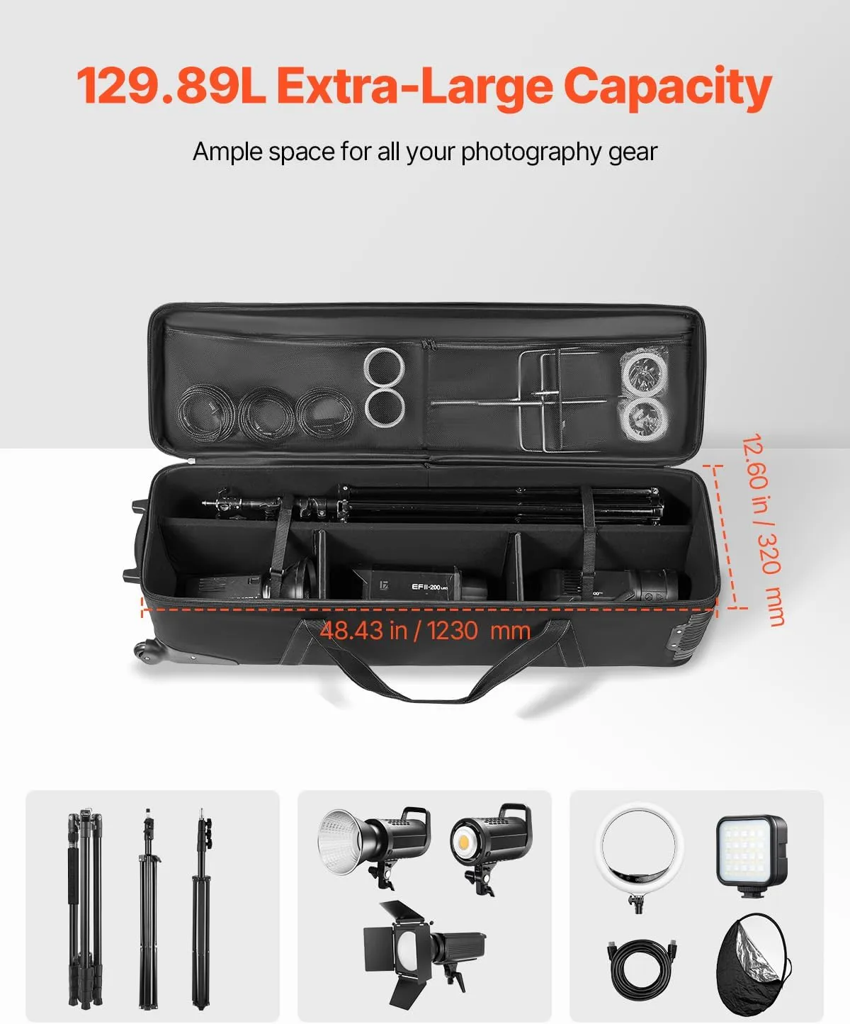 VEVOR Studio Equipment Trolley Case, Rolling Camera Bag, Carrying Bag with Wheels Straps Padded Compartment Handle, for Light Stands, Tripods, Telescopes