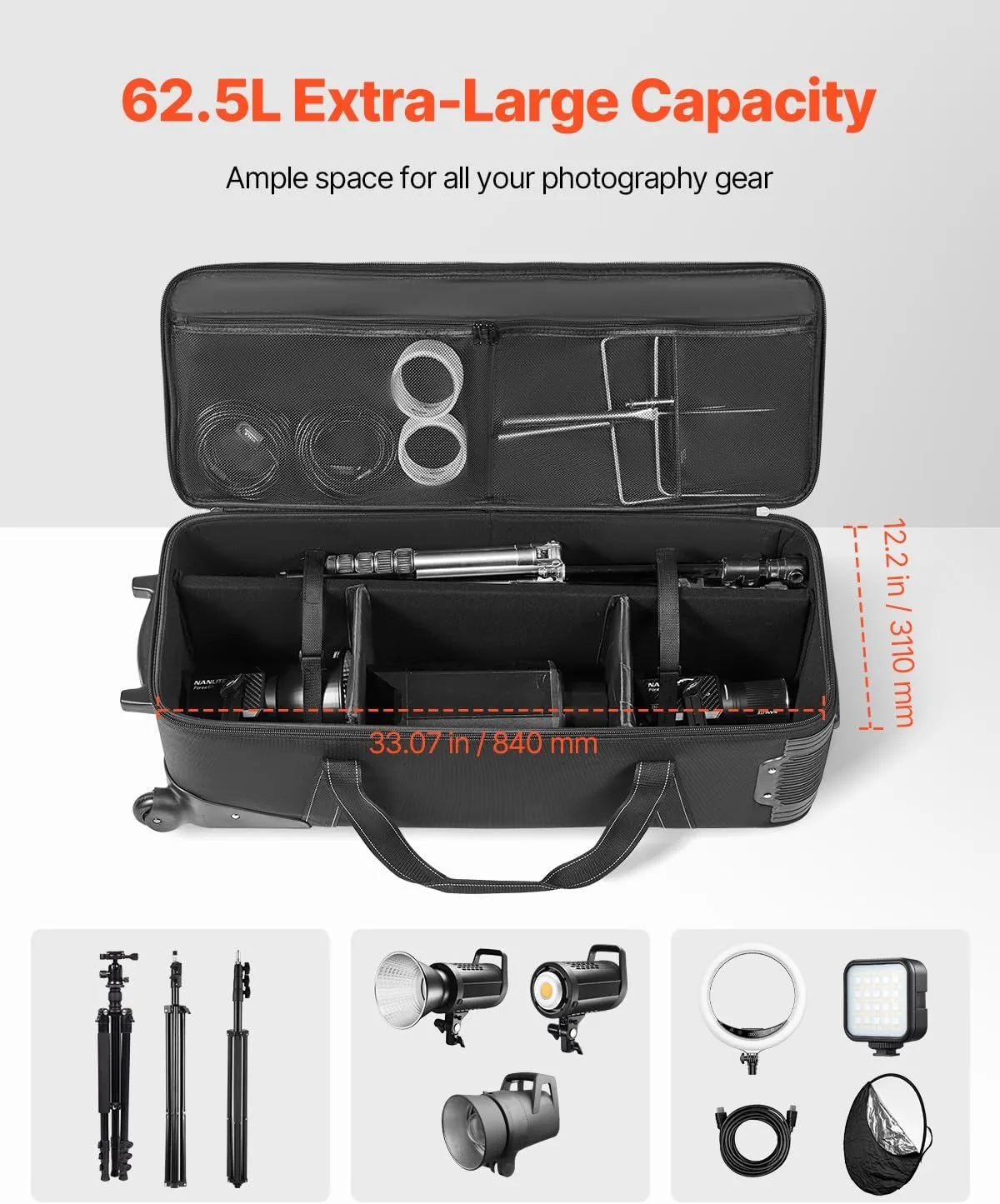 VEVOR Studio Equipment Trolley Case, Rolling Camera Bag, Carrying Bag with Wheels Straps Padded Compartment Handle, for Light Stands, Tripods, Telescopes