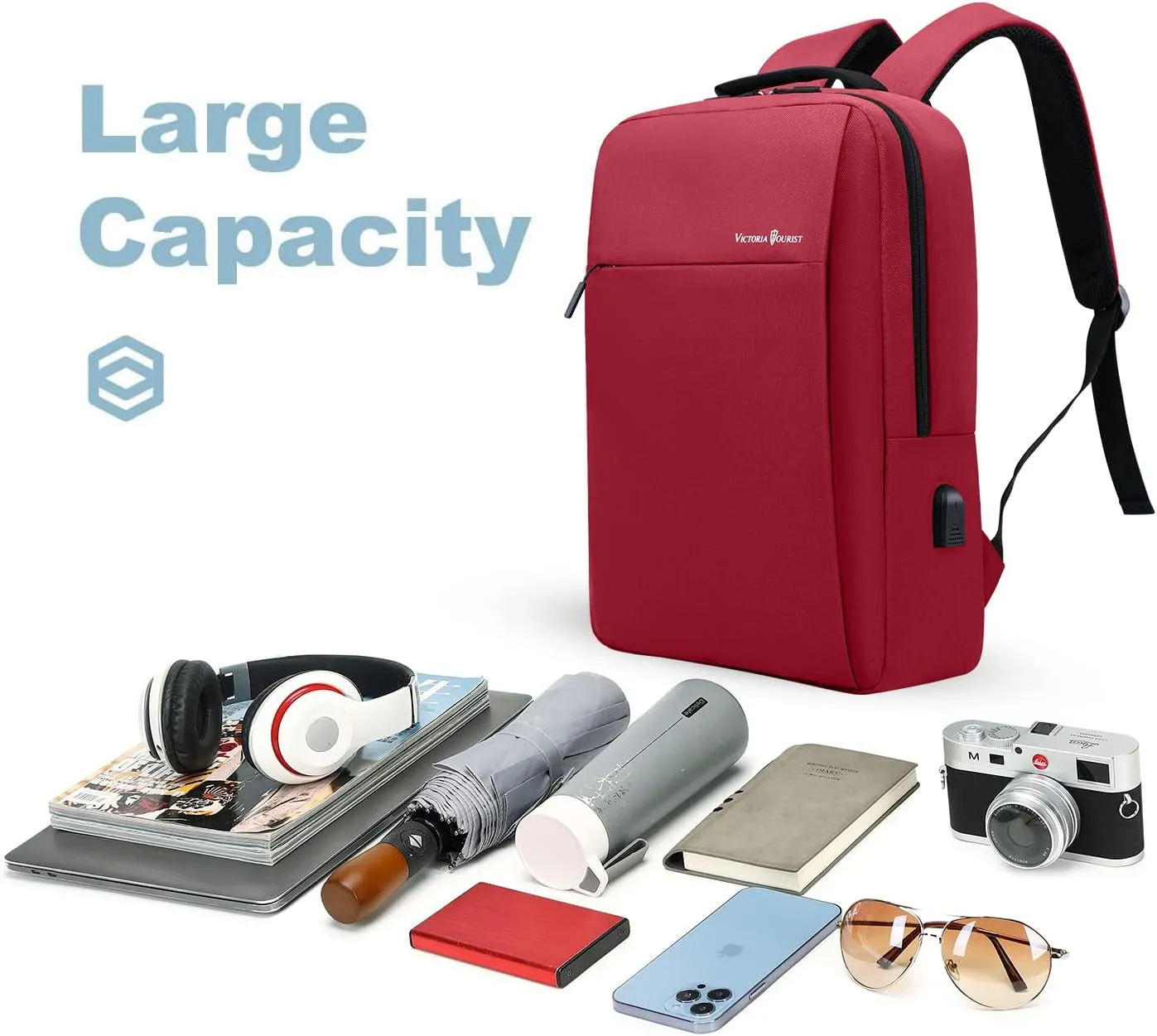 Victoriatourist Laptop Backpack for Women, Backpack College Bookbag with USB Charging Port, Water Resistant Daypack Cute Book Bag for Ladies Fit 15.6 Inch Computer（Red）