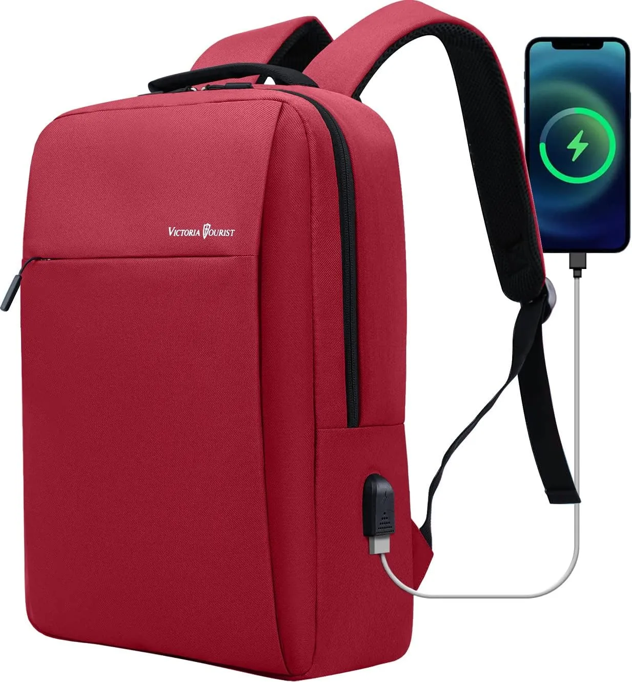 Victoriatourist Laptop Backpack for Women, Backpack College Bookbag with USB Charging Port, Water Resistant Daypack Cute Book Bag for Ladies Fit 15.6 Inch Computer（Red）