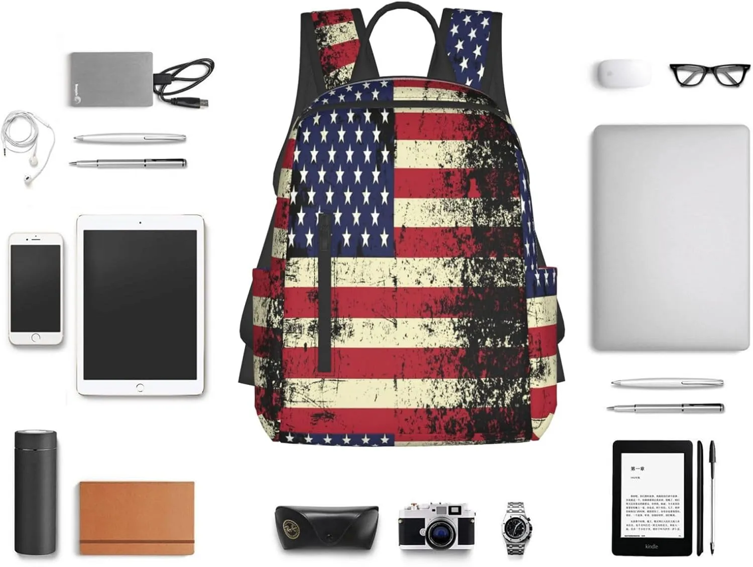 Vintage American Flag Casual Backpacks Laptop Backpack Outdoor Travel Rucksack Sport Carry-On Daypack Lightweight Bag with Multi-Pockets